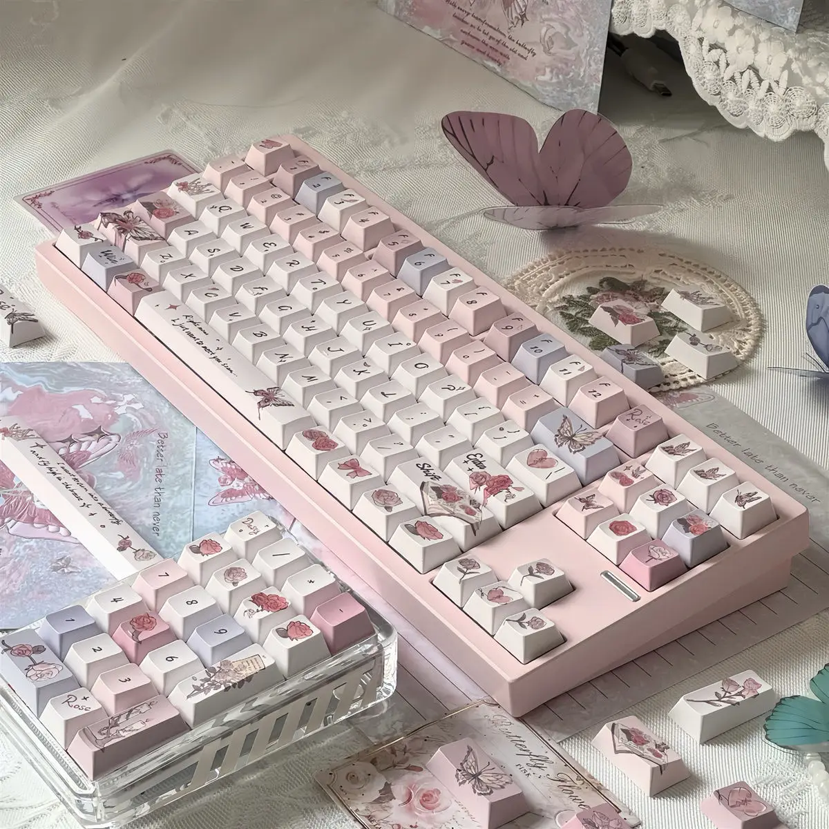 Imagem -06 - Luz Retro Rosa Borboleta Keycap Desenhado à Mão Faça Você Mesmo Personalizado Sublimação Pbt Rosa Layout de Alice Cereja