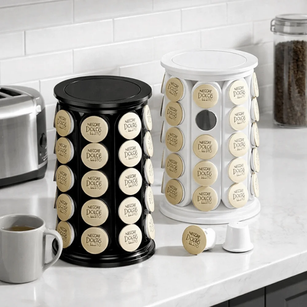 

Large Capacity Coffee Capsule Holder 360 Degree Rotating Plastic Material Coffee Organizer Tabletop Design Modern Style