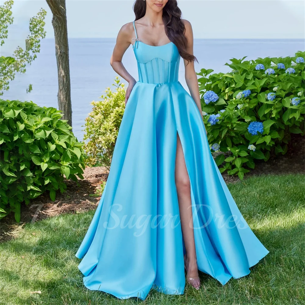 

Elegant A Line Evening Dress For Women Sexy High Slit Prom Dresses With Pockets Long Satin Party Gowns vestidos de fiesta