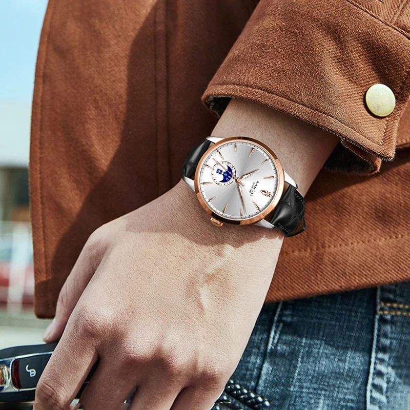 MIGE Original Men's Mechanical Wristwatch Moon Phase Luminous Waterproof Stainless Steel Gift Watch for Men reloj para hombre