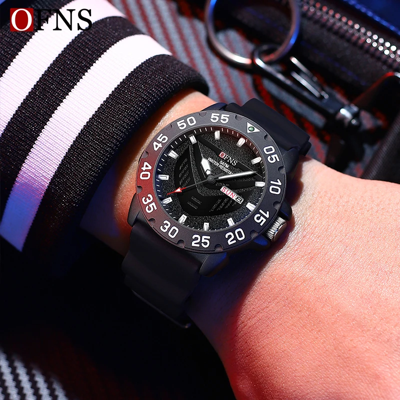 OFNS New Men Business Quartz Watch High Quality Silicone Elastic Force Strap Fashion Sports 50M Waterproof Luminous Men\'s Watch