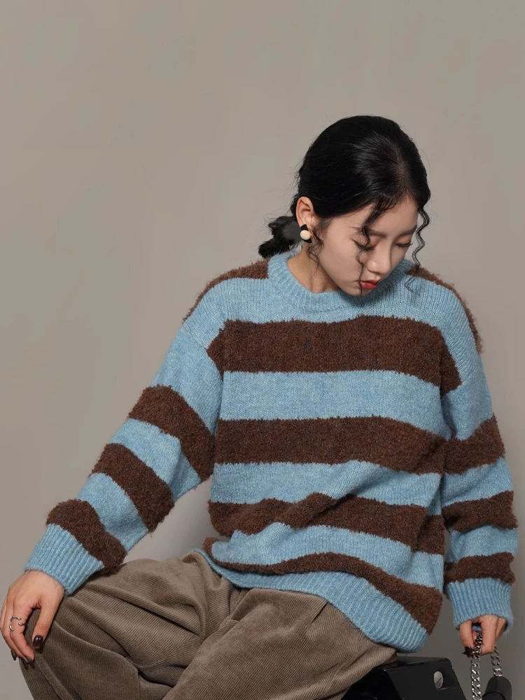 Striped Sweaters Women New Autumn Winter Gentle Retro Loose Long Sleeve O-neck Tops Pullovers Knitwear Casual Korean Fashion