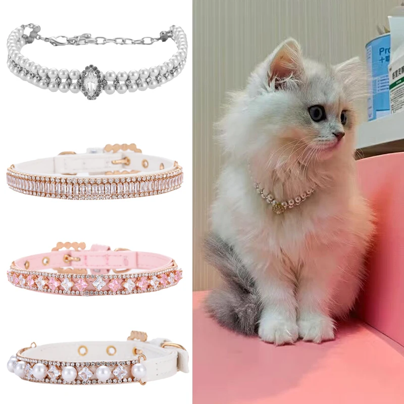 Mode Kat Kraag Met Strass Huisdier Parel Ketting Voor Katten Puppy Konijn Kitten Accessoires Verstelbare Halsbanden Huisdieren Benodigdheden