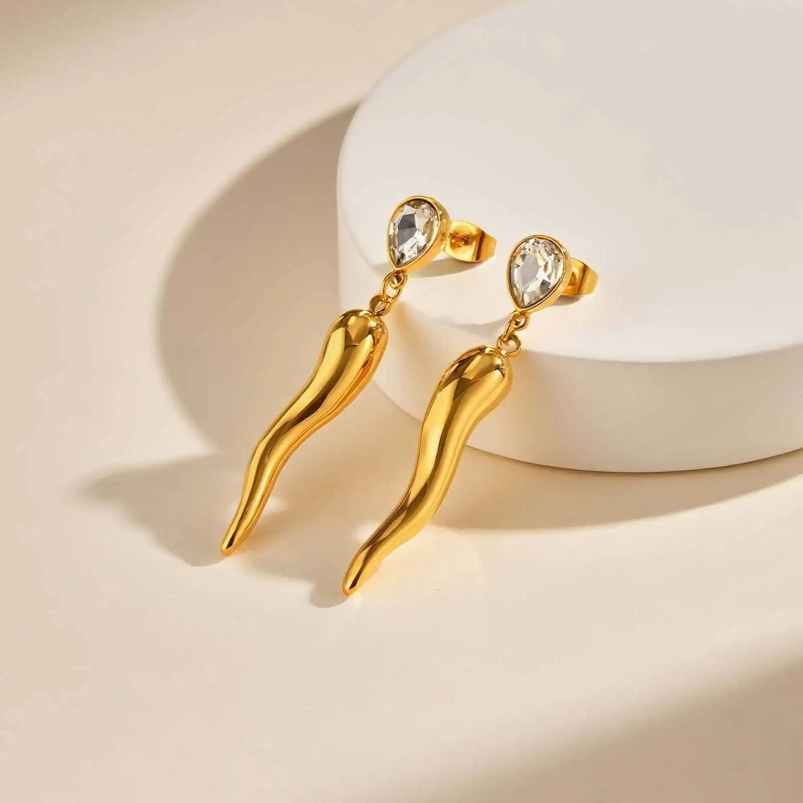 Cubic Zirconia Italian Horn Dangle Earring for Women, Stainless Steel  Lightweight Lucky Amulet Cornicello Jewelry