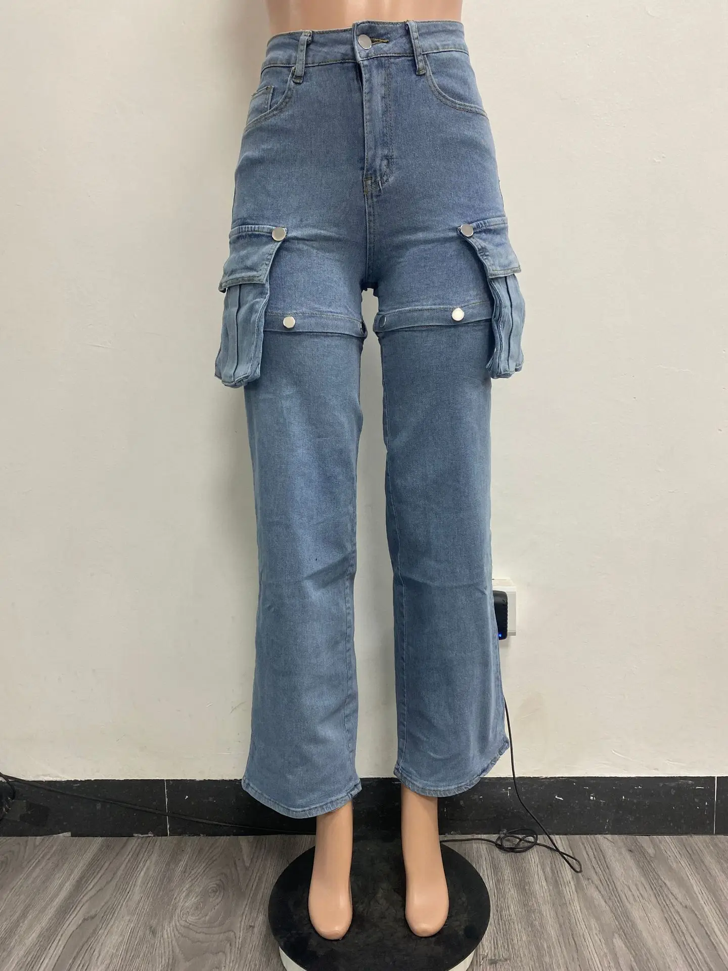 Jeans multibolso destacável para mulheres, tudo em um, confortável calça de perna larga para senhoras, monocromática, nova moda, outono