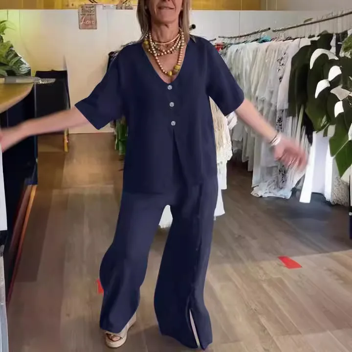 

Women Suit Fashion 2025 Summer New Casual Short-sleeved Button Tops Wide-leg Pants Split Cotton Linen Femme Loose Two-piece Set