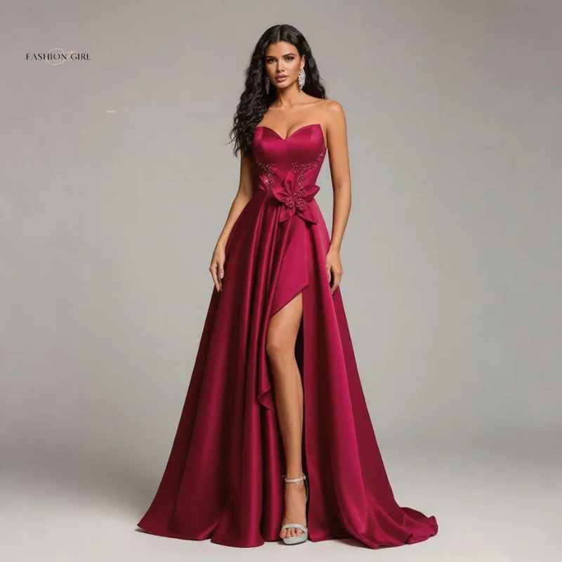 

CustomizedRed Cocktail Dress Sexy High Slit Wedding Guest Dress With Three-Dimensional Flower Embroidery Decoration At The Waist