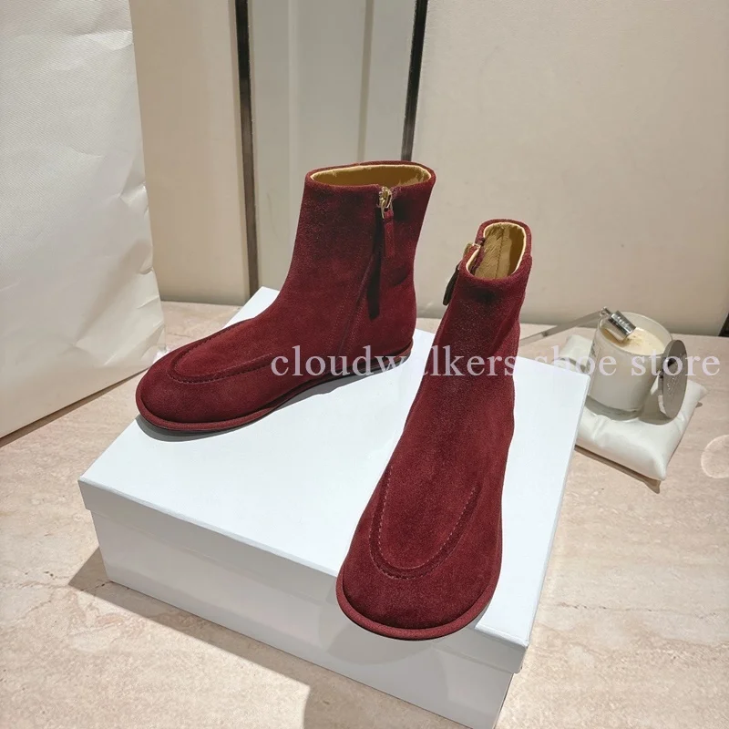 

New Autumn Short Boots Woman Round Toe Flat Ankle Boots Cow Suede Side Zipper Design Short Boots Concise Versatile Runway Boots