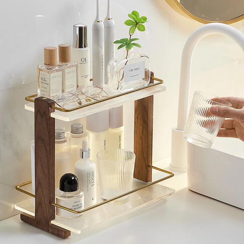 

Acrylic shelf for bathroom countertops Double walnut cosmetics floor-to-floor washstand storage rack without punching.