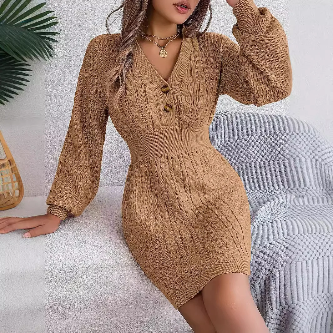 Autumn/Winter 2024 Women's Fashion Button V-neck Fried Dough Twists Lantern Sleeve Buttocks Wool Dress Long Sleeve Mini Dress