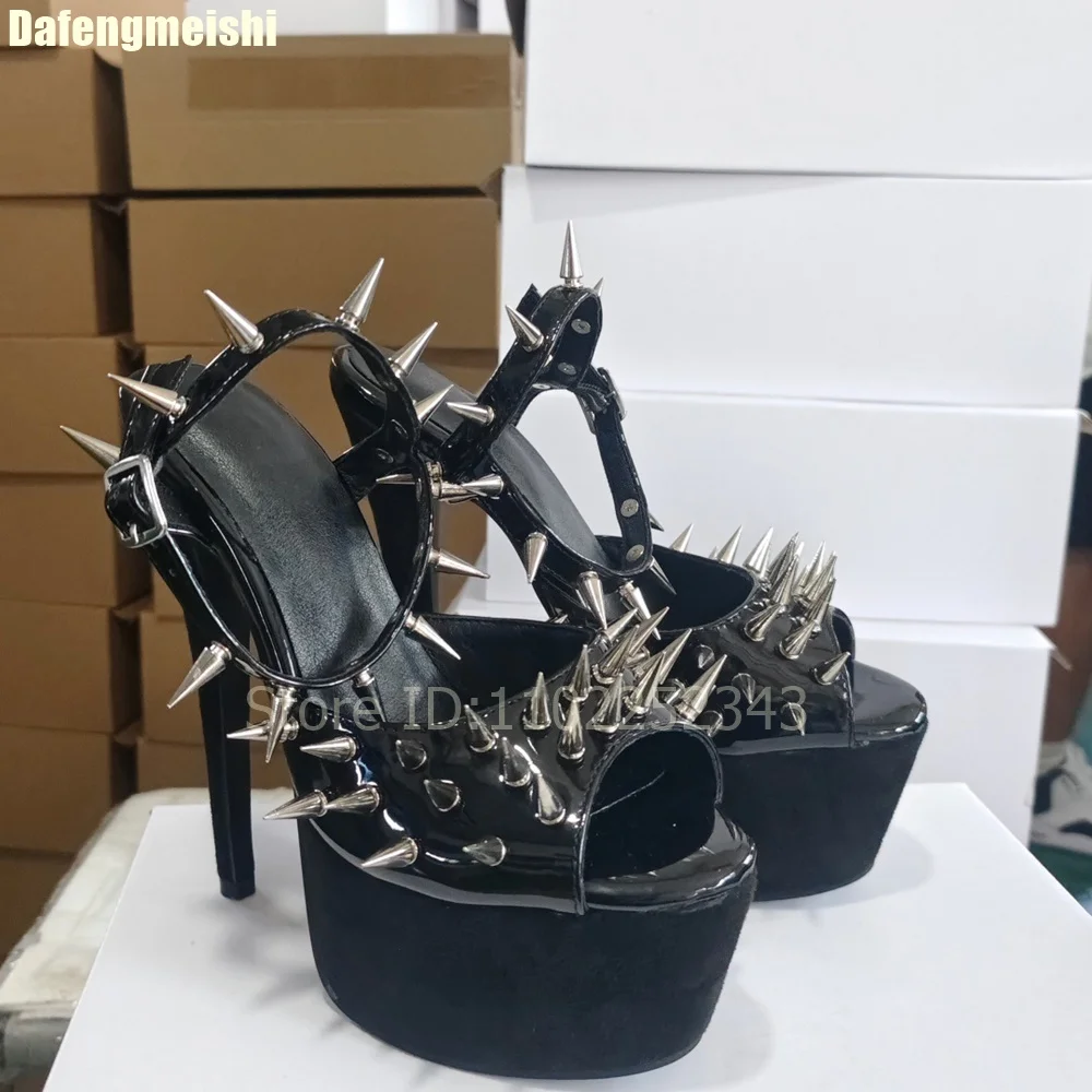 مثير الأسود منصة خنجر الكعوب الصنادل برشام اللمحة تو عالية الكعب النوادي الليلية عرض مسرحي صنادل كبيرة الحجم المنصة الأحذية #5