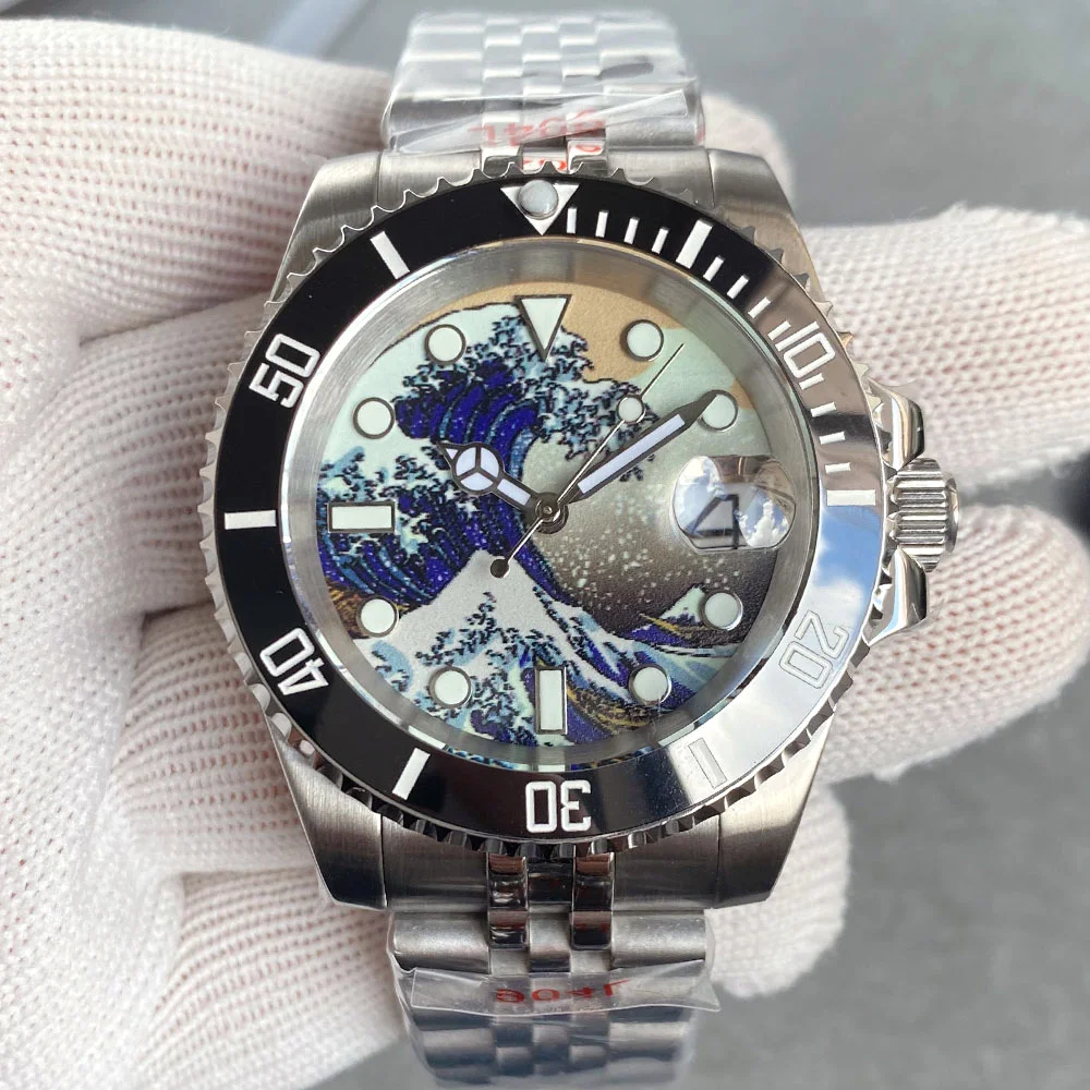 Tandorio 40mm NH35 Automatic Men Wristwatch SUB Brushed Case Full Luminous Kanagawa Dial Multi-color Bezel 316L Jubilee Band