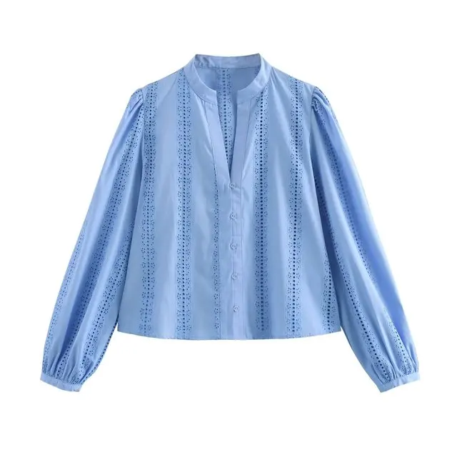 

Puff Sleeve Female Cropped Tops Shirt Elegant Hollow Out Embroidered Shirt Loose Lace Up White Shirt for Women