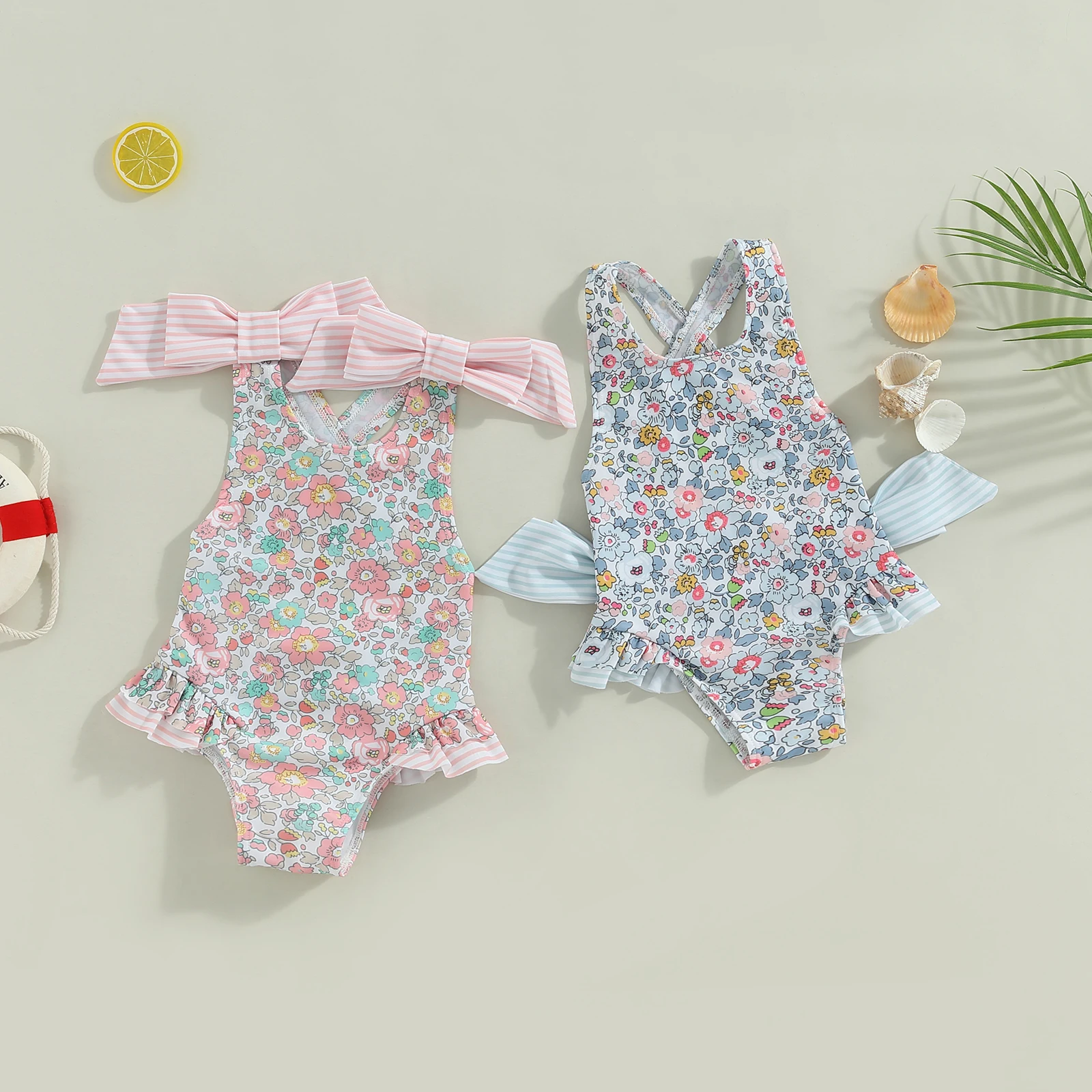 1-6 Years Kids Baby Girls Summer Swimsuit Sleeveless Cross Backless Floral Print Ruffle Bathing Suit