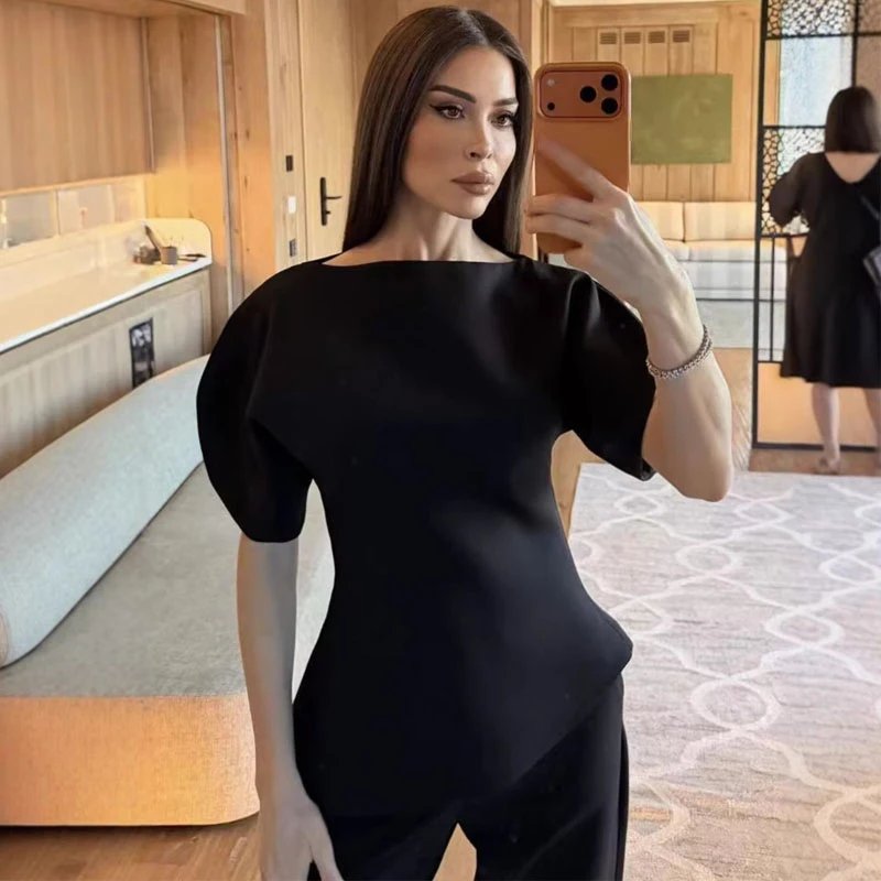 

Элегантная блузка BKQU с пышными рукавами и асимметричным подолом, женская футболка с круглым вырезом, весна-лето 2026, шикарный уличный стиль, топы Y2K для вечеринок