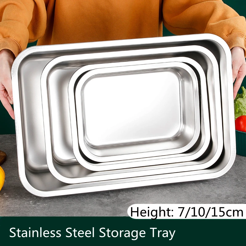 

Stainless Steel Rectangle Deepen Storage Tray Dinner Plate Oven Cake Baking Pan Bread Bakeware Food Container Kitchen Accessorie