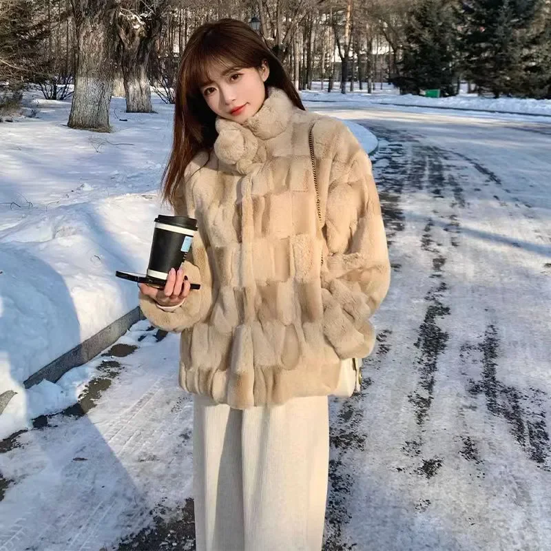 

2024 Autumn/Winter Thickened Rex Rabbit Fur Grass Coat Standing Collar Imitation Lamb Hair Loose Mink Fleece Coat for Wom