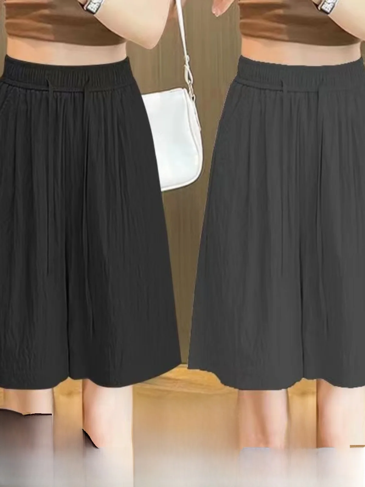 Ice Silk Wide Leg Short Pants Women's Summer Loose Slim Elastic Waist Pleated High Waist Casual Five-Quarter Pants