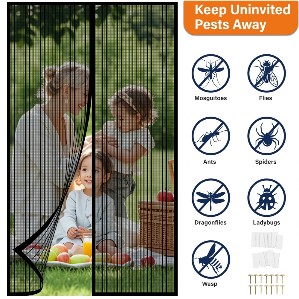 Magnetic Screen Door Screen Door Mesh Keep Bugs Out Heavy-Duty Mesh Curtain Pet and Kid Friendly Works with Front Doors