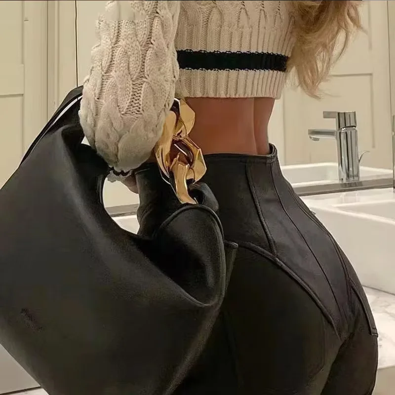 امرأة الملابس عالية الخصر مستقيم طماق السراويل مثير الأسود بولي بنطال بنطال جلدي المرأة موضة الشارع ارتداء بناطيل ضيقة