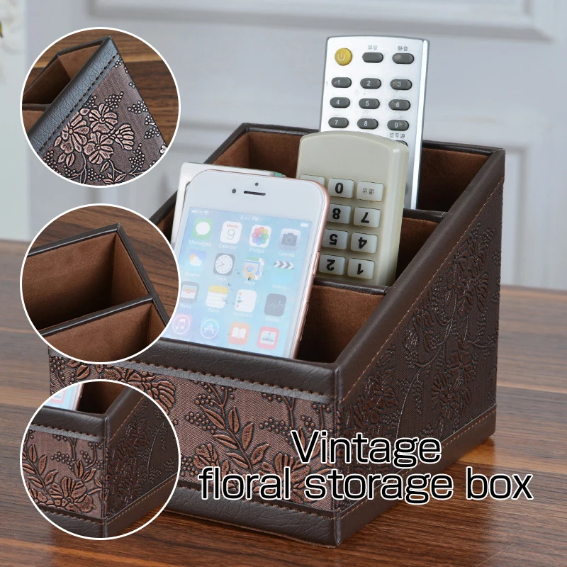 Retro Leather Cosmetic European Cortex Storage Box Remote Control Phone Holder Table Organizer for Home Office Storage Case