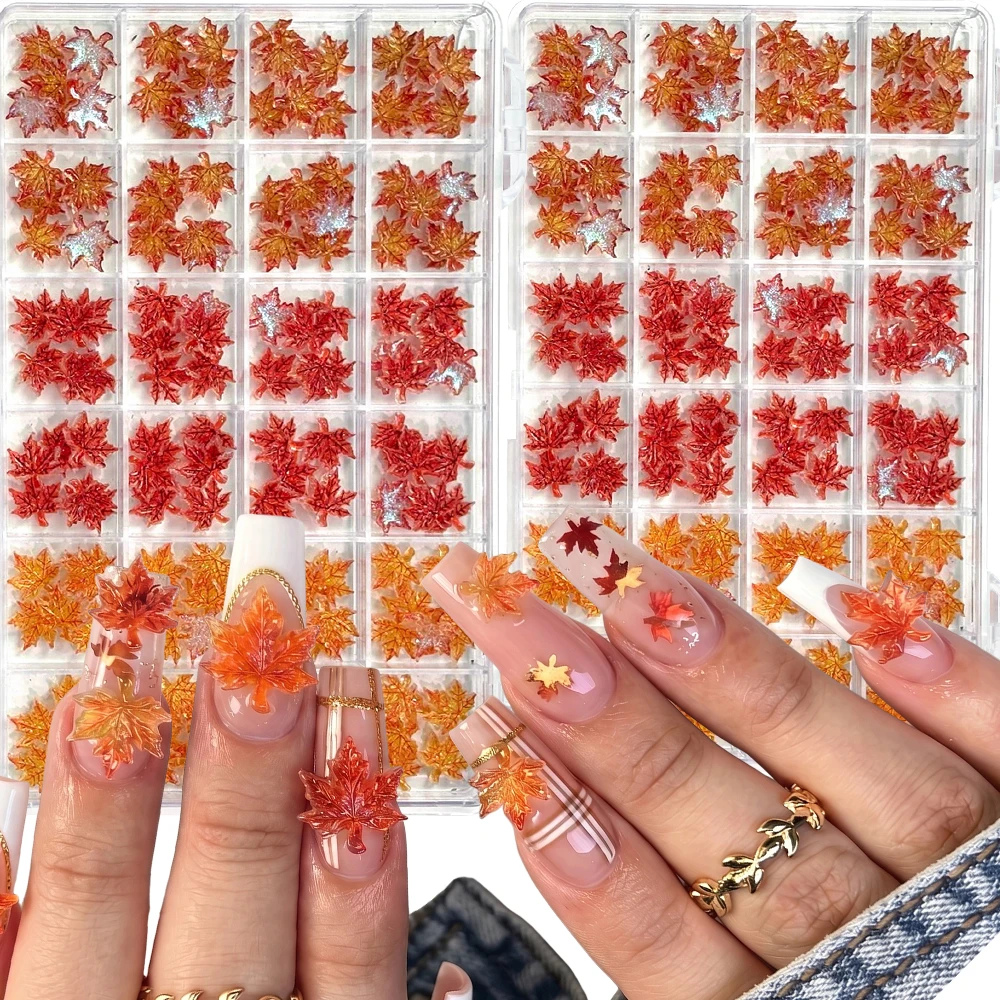 24Grids 3D Autumn Maple Leaf Nail Art Charms Red Orange Gradient Autumn Leaves Resin Nail Decoration DIY Manicure Supplies 144pc