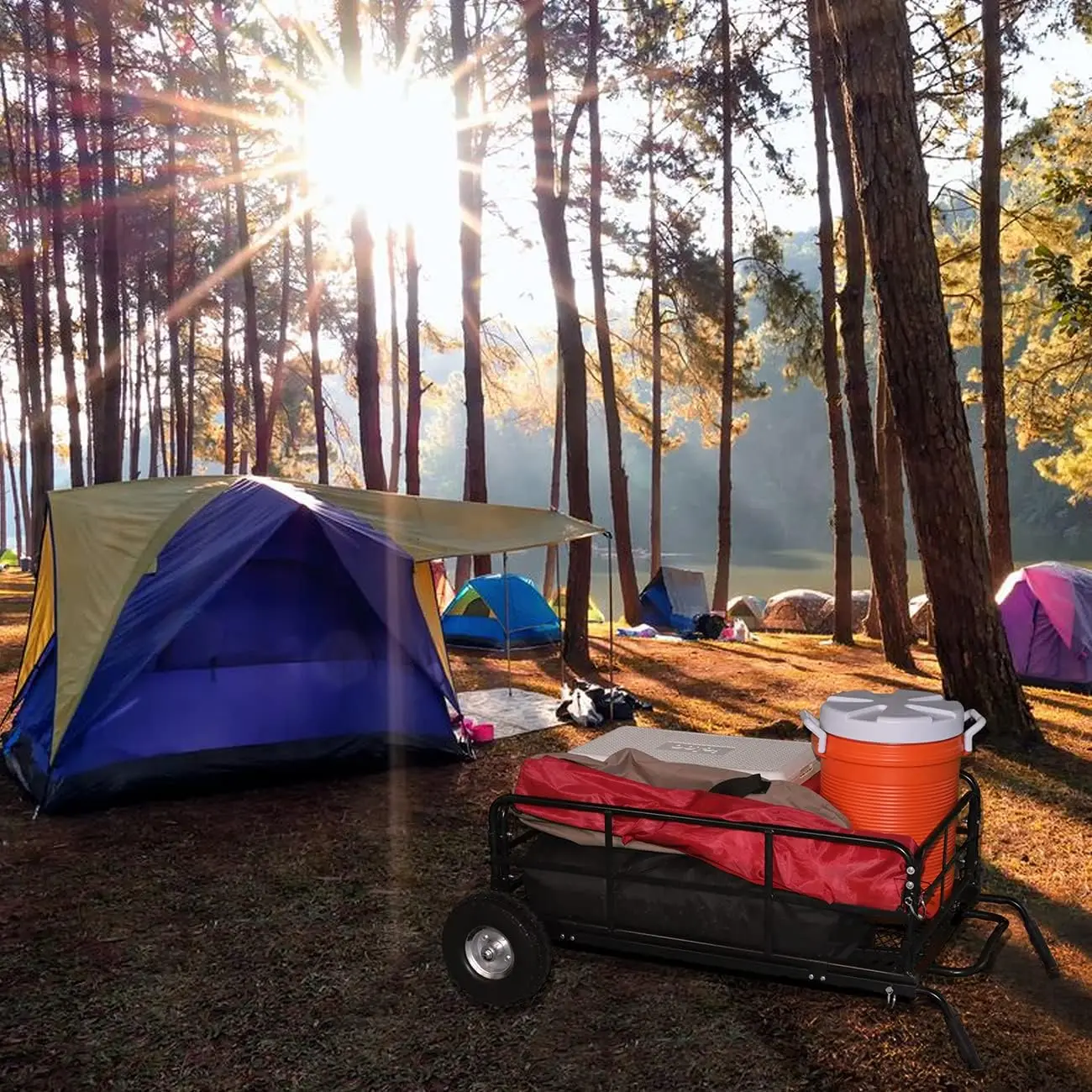 Robuster zusammenklappbarer Wagenwagen, 400 Pfund Kapazität mit flachen freien Reifen für Campingausrüstung, Strandausflüge, Outdoor-Abenteuer.