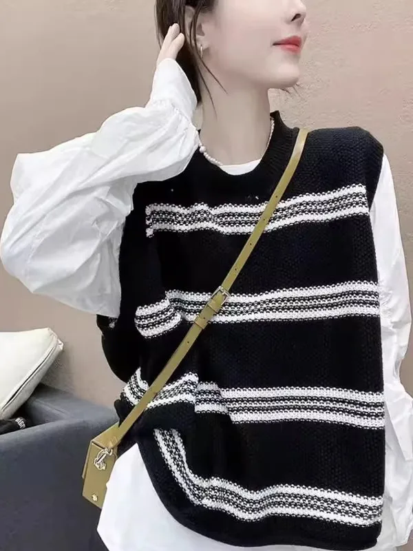 

Retro Rainbow Stripes Knitted Vest round Ne oulder Pad Vest Versatile Spring Autumn New Sle Layering Outerwear Top