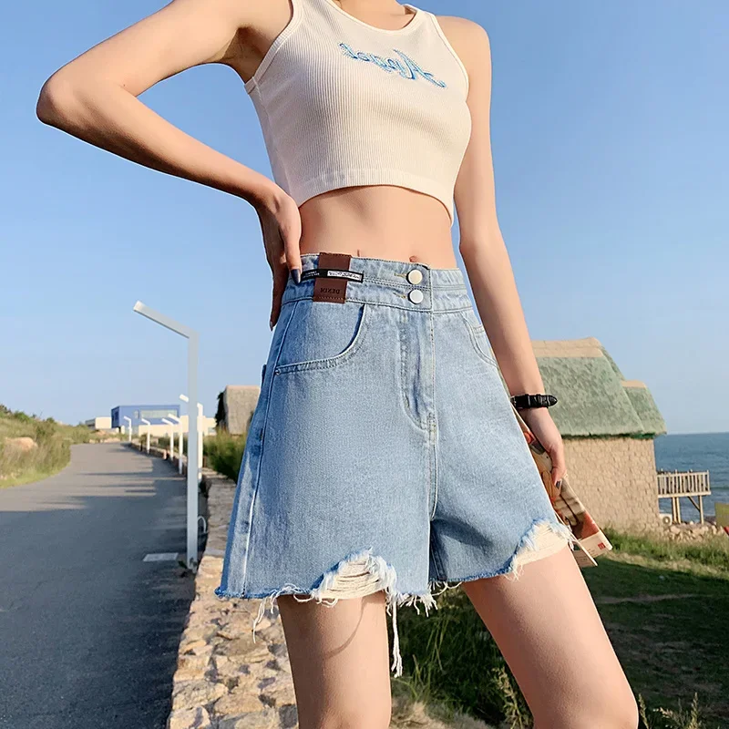 

High Waist Gilrs Classic Frayed Denim Shorts Women's Loose Straight 2024 Summer Hot Slim Versatile Destroyed Hot-Pants