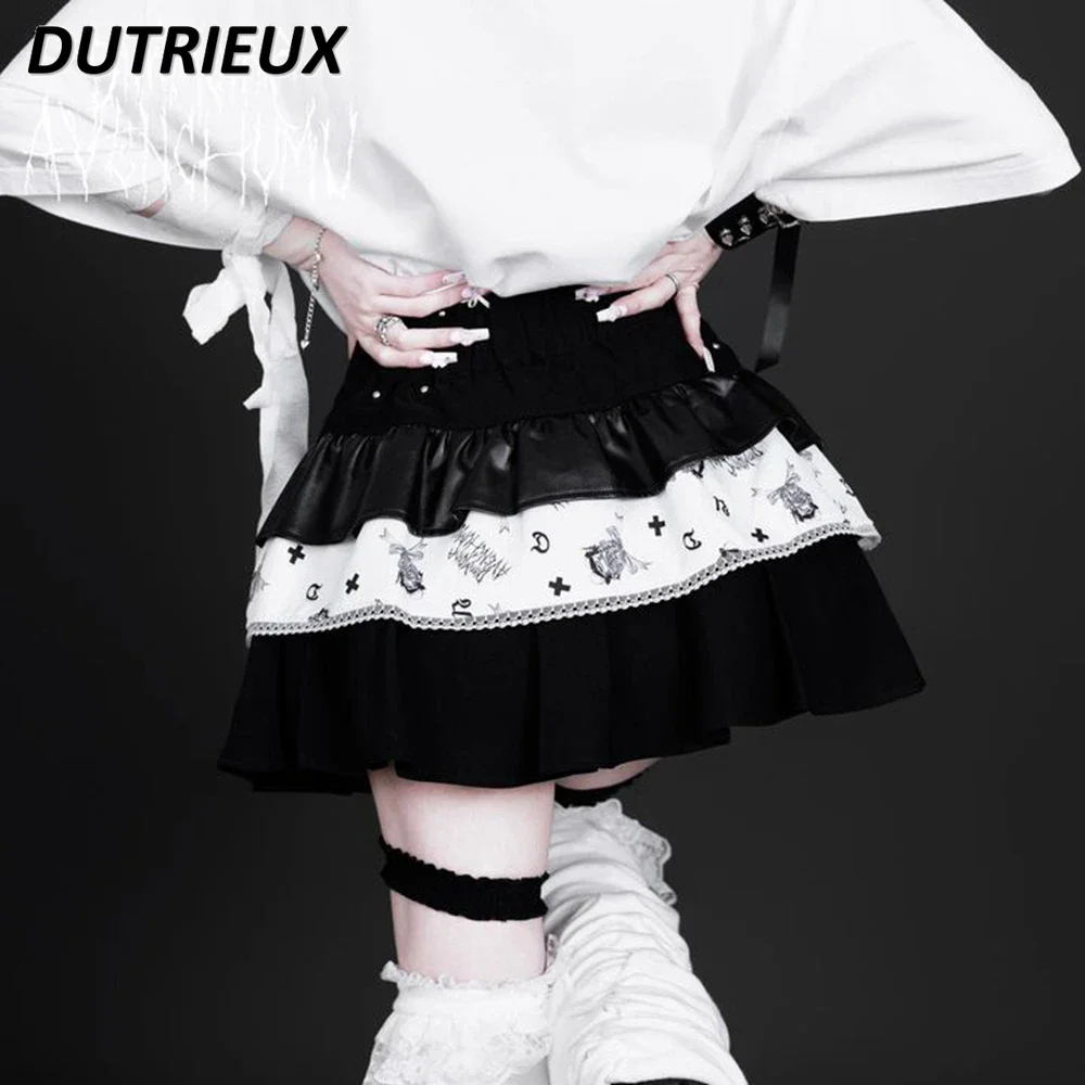 ญี่ปุ่น Mines สาวหวานและน่ารักเอวยางยืดกระโปรง Ruffle Edge ตกแต่งกระเป๋า Rivet Buckle Suspender แหวนขากระโปรง