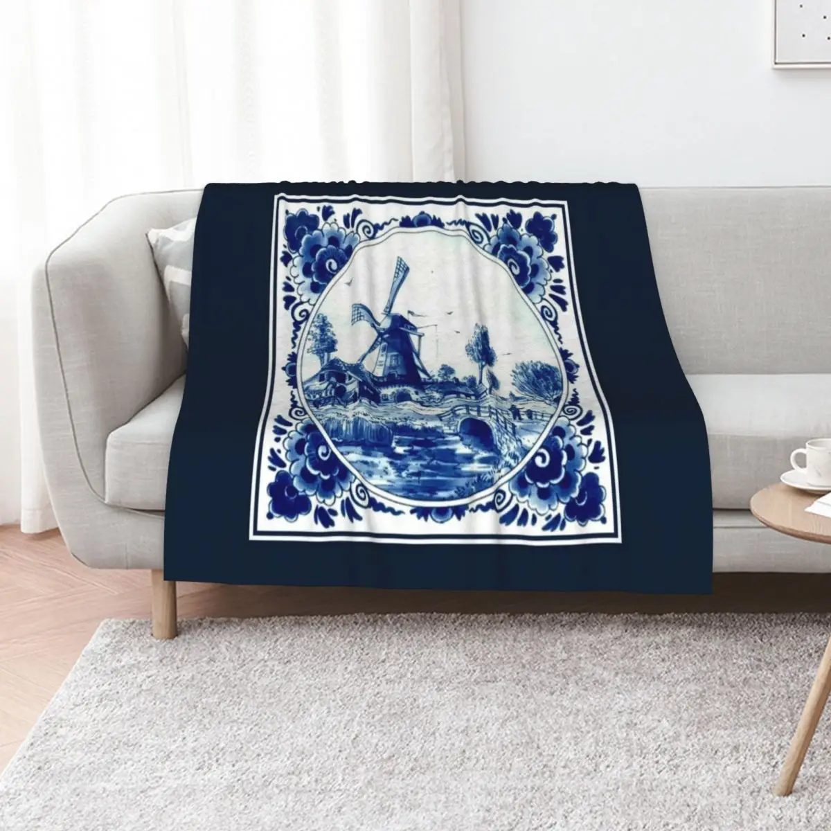 DUTCH BLUE DELFT : Vintage Windmill and Bridge Print Throw Blanket Retros Cute Nap Custom decorative Thin Blankets