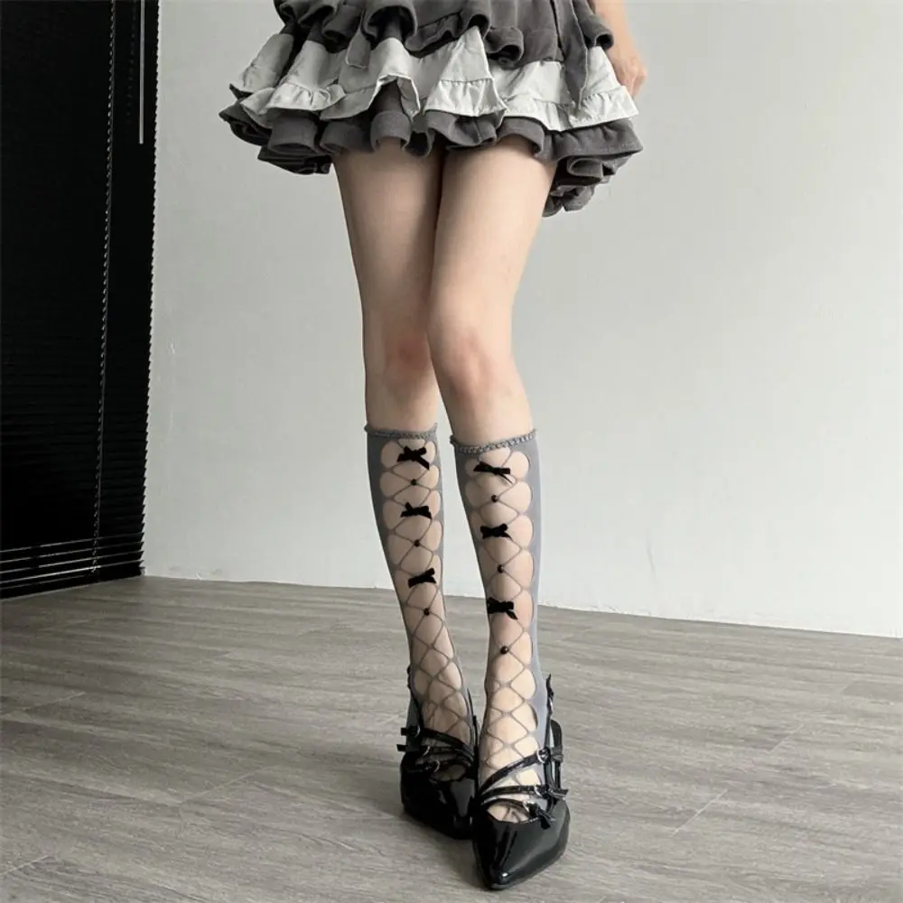 New Hollow Out Fishnet Socks Thin Fabric Ruffle Trim Net Stockings Bow Decor Bow Socks Girls Women