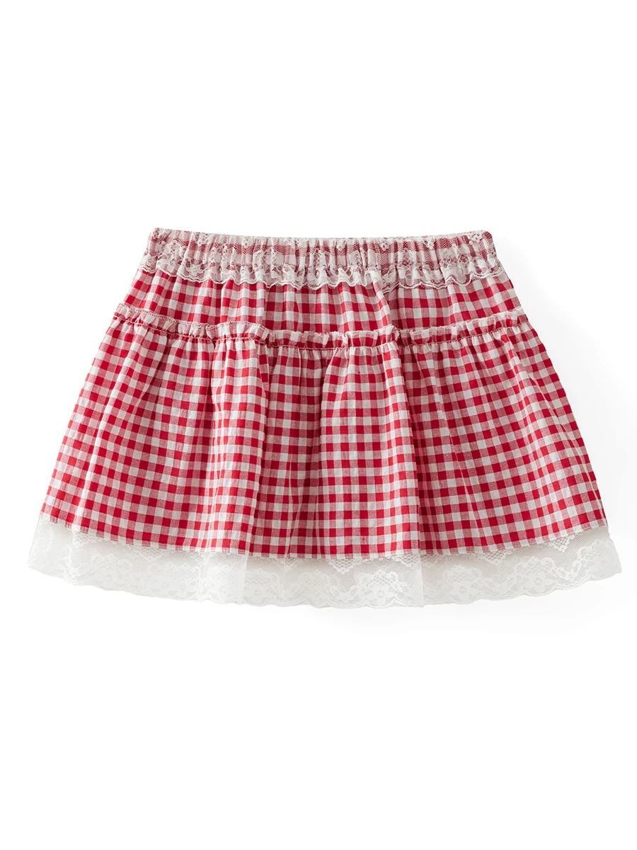 Elegant Plaid Mini Skirt with Floral Lace Detailing and Frill Trim A-Line Hem Design for Women s Fashion