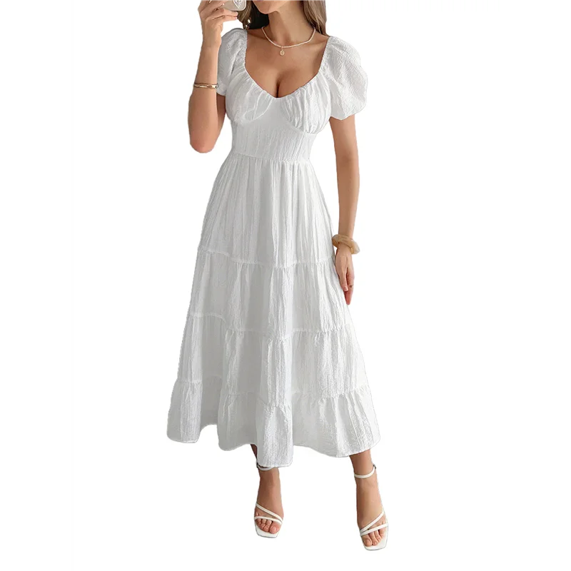 A09P Abito longuette casual estivo da donna Abiti gonfi a maniche corte con scollo a V e volant a strati