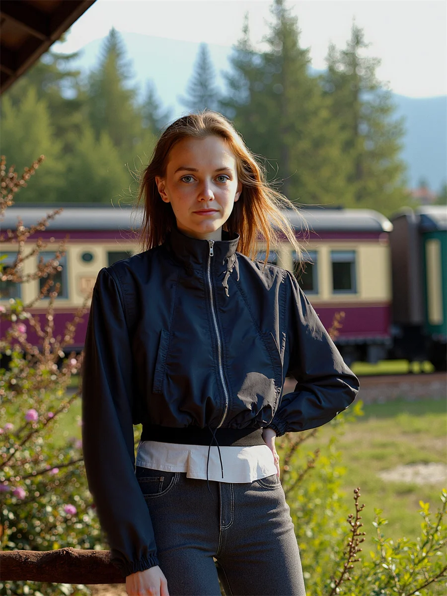 

Cropped Pleated Zipper Jackets Coats Woman Demi-Season Jacket For Women Autumn Dryfit Safari Commute Teenager Hippie Motion Soft