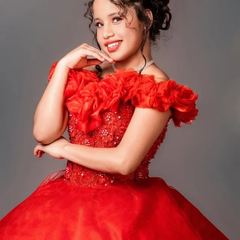 

Red Quinceanera Dress crystal Glitter 3D Flower Decal off-shoulder Long tail Vestidos De 15 Quinceanera ﻿Customize