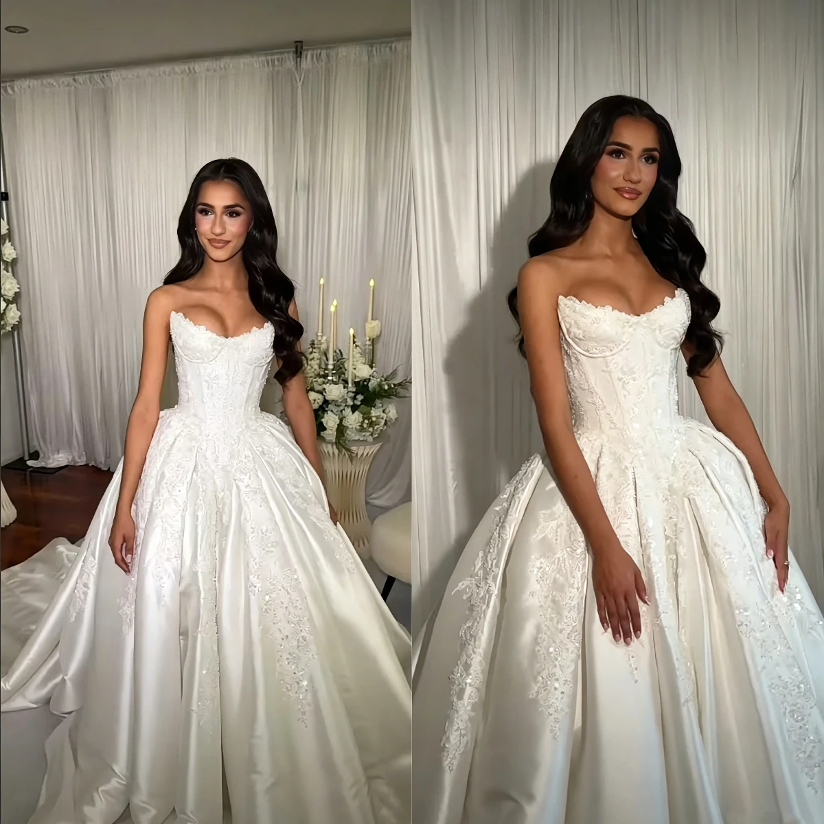 

New Strapless Satin Ball Gown Wedding Dress Lace Appliques Sweetheart Neckline Luxury Bridal Gown Robe De Mariée Customized