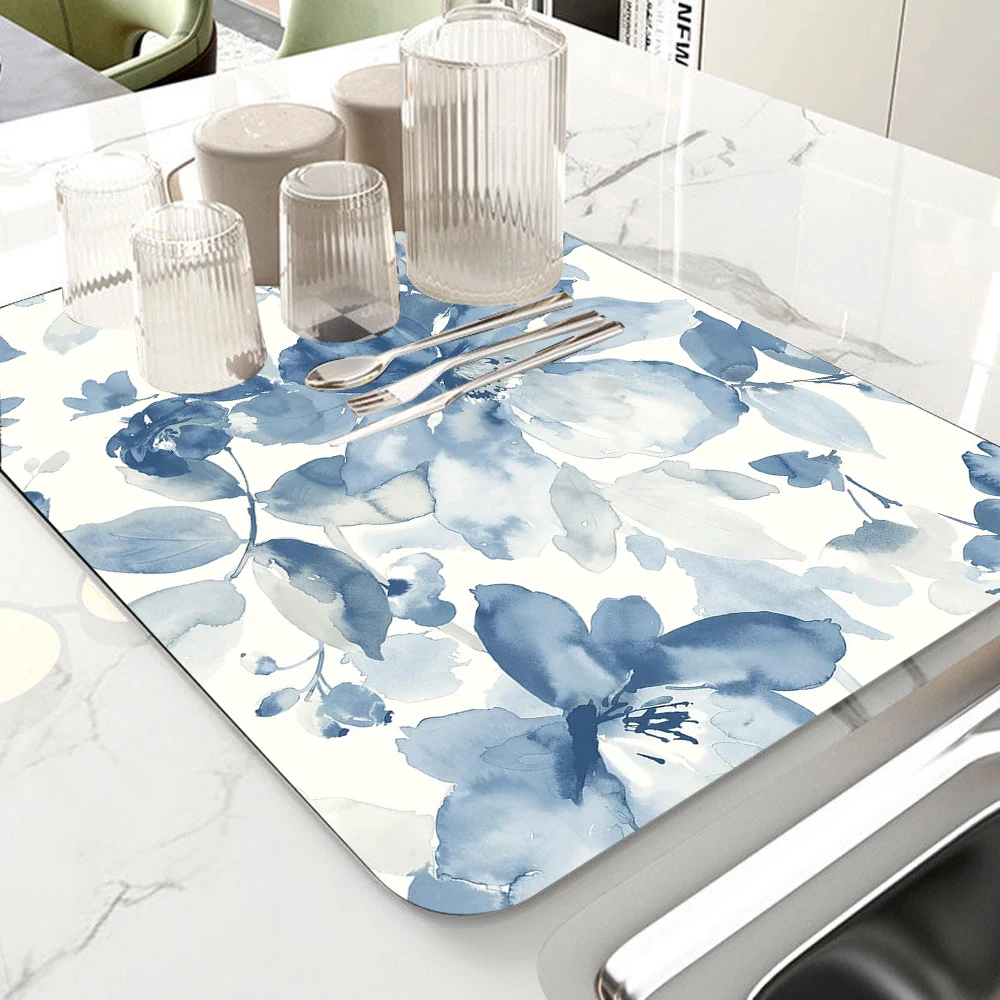 Watercolor Style Absorbent Mat Plant Flower Rose Draining Mat Kitchen Tableware Drying Tableware Non-slip Carpet Tableware