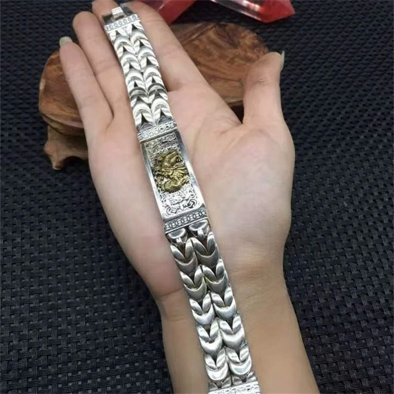 Old Tibetan Silver Inlaid Chinese Zodiac Yellow Dragon Bracelet Fashion Personality Men and Women Couples Gift
