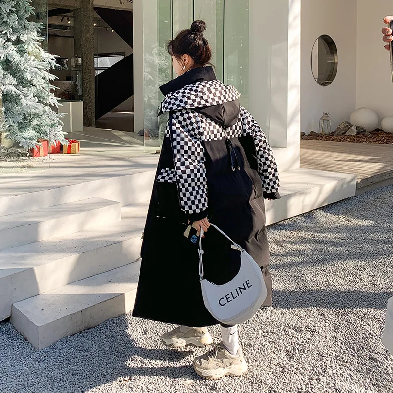 Women's Cotton Black White Plaid Spliced Jacket Mid-Length Winter New Design Fashion Windproof  warm Thickened coat Female