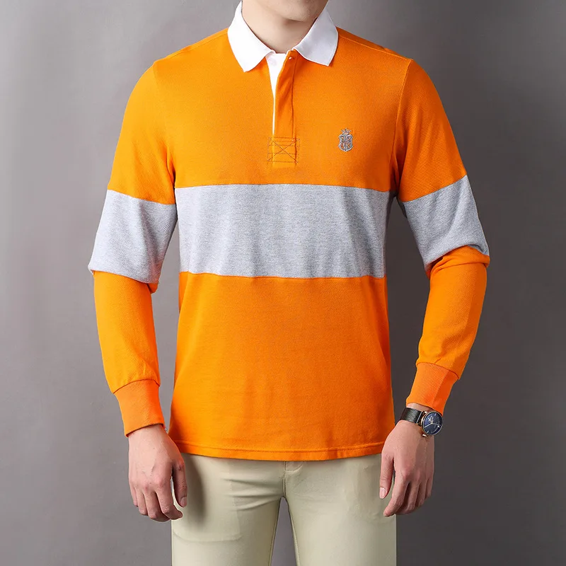 

Great Quality Men's Long Polo Shirts Orange 100% Cotton Breathable Full Sleeve Casual Collar T Shirts for Spring Male clothing