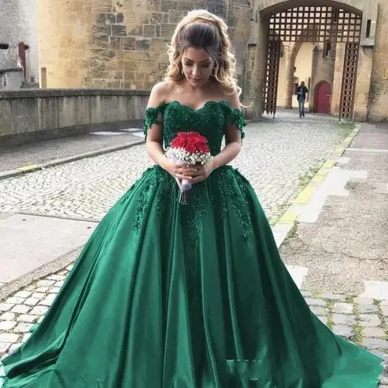 Customized Vestido De Noiva Off The Shoudler Wedding Dress Court Princess Green Lace Appliques Bridal Gown Beads Robe De Marie