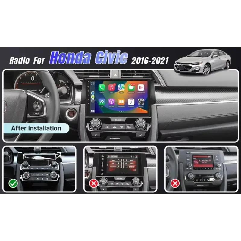 

9 Inch Android 13.0 4GB+64GB Multimedia Player Radio Tape Recoder Head Unit Carplay For Honda Civic 2016-2020 Car GPS Navigation