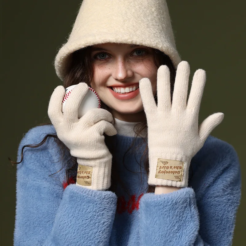 Dopamine Wearing Wool Knitted Gloves Women's Autumn and Winter Thickened Warm and Cold Resistant Cycling Screen Gloves