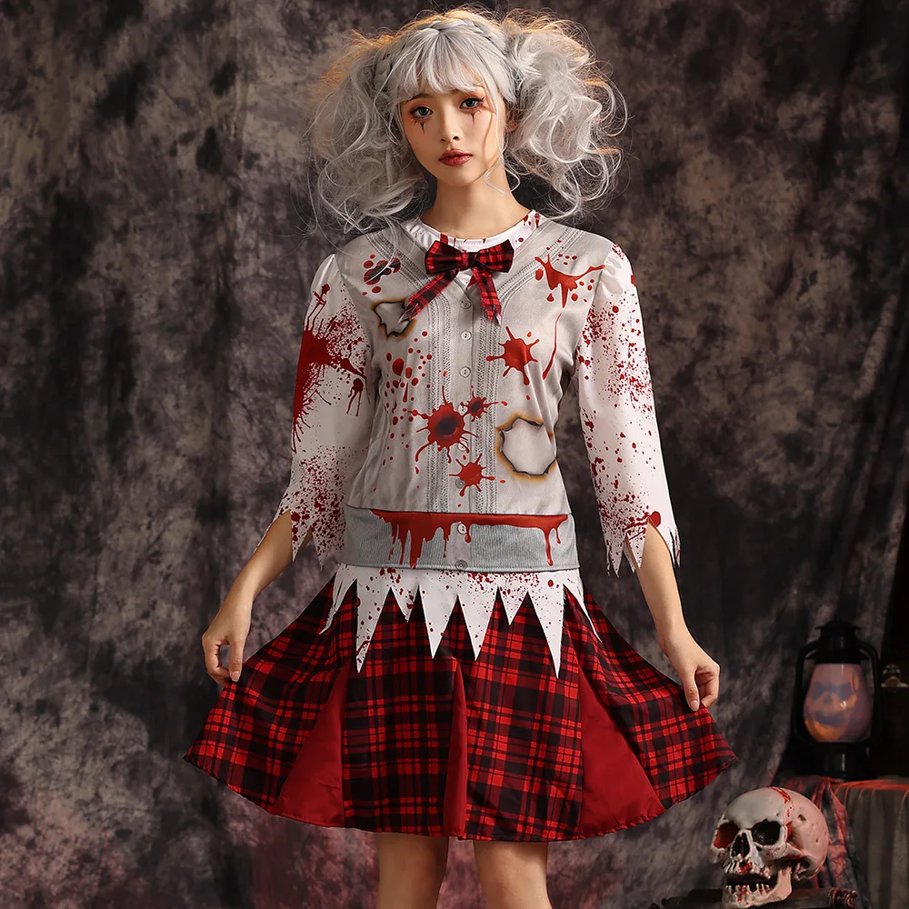 

Женский костюм зомби на Хэллоуин, витражный кровью, студенческий orm Zombie, косплей, красный клетчатый костюм Dr, женский модный сценический костюм