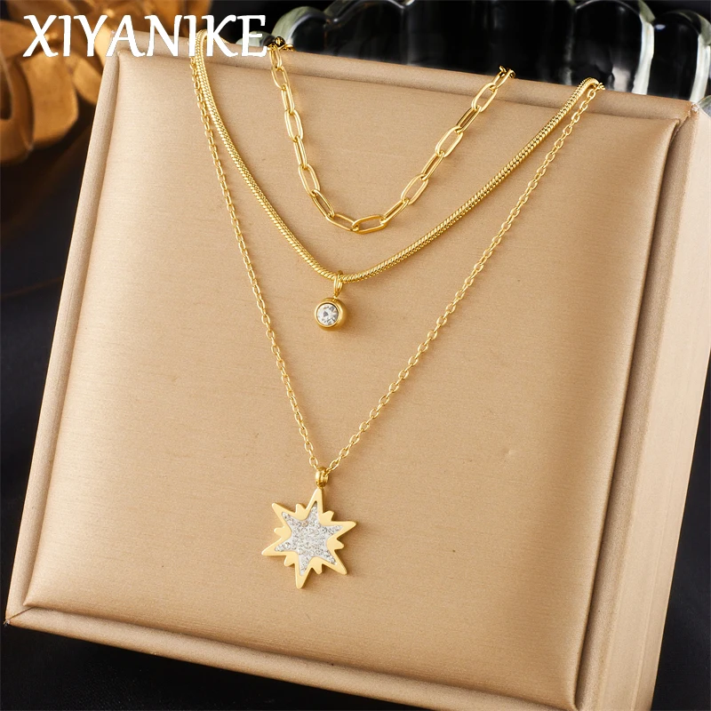 XIYANIKE 316L Stainless Steel Gold Color Multi layered Pendant Necklace for Women Girls Fashion Zircon Six Point Star Jewelry