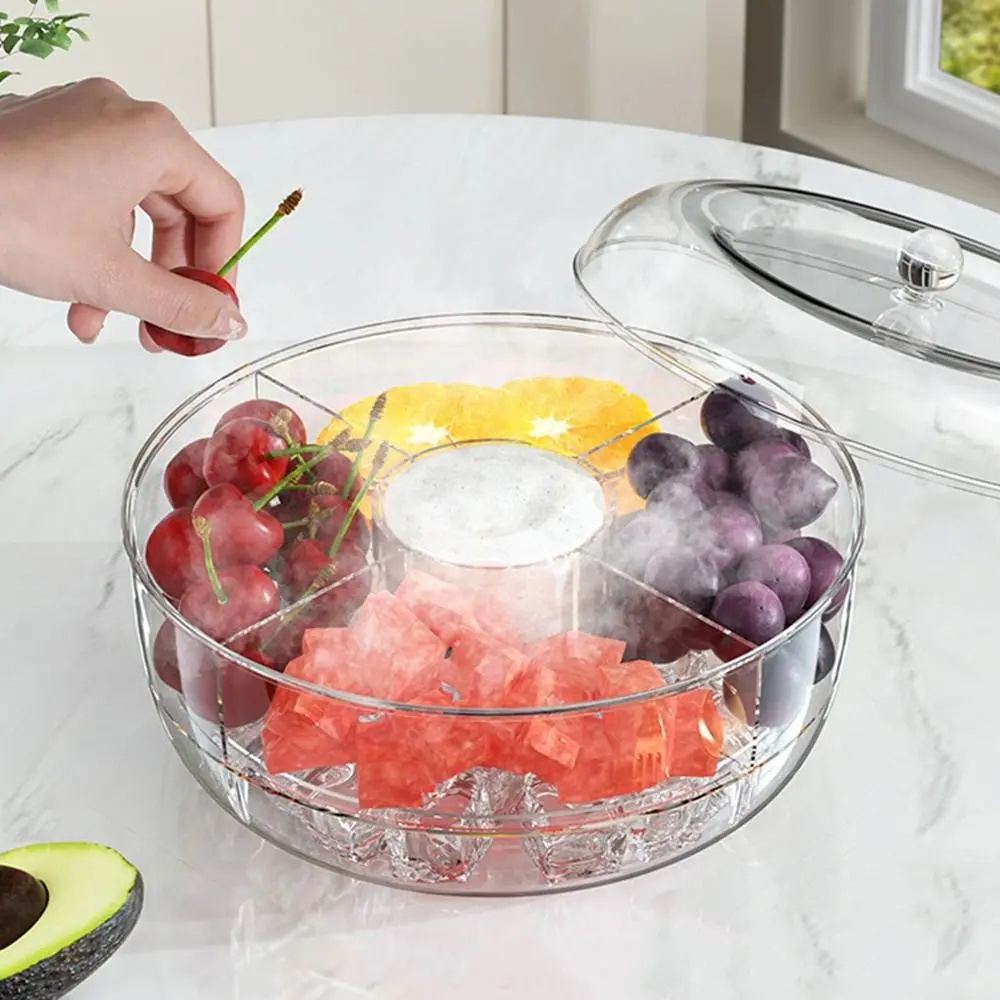 Plastic Refrigerator Spins Fruit Platter Round Rotating Divided Serving Tray Large Capacity Transparent Snack Storage Box