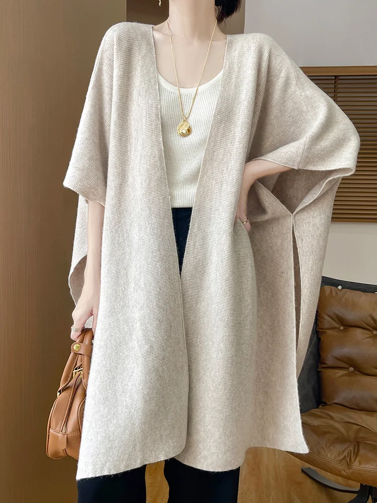 New Fashion 2024 Autumn Winter Women Shawl 100% Merino Wool Office Lady Knitwear Solid Loose Outerwear Long Korean Clothing Tops