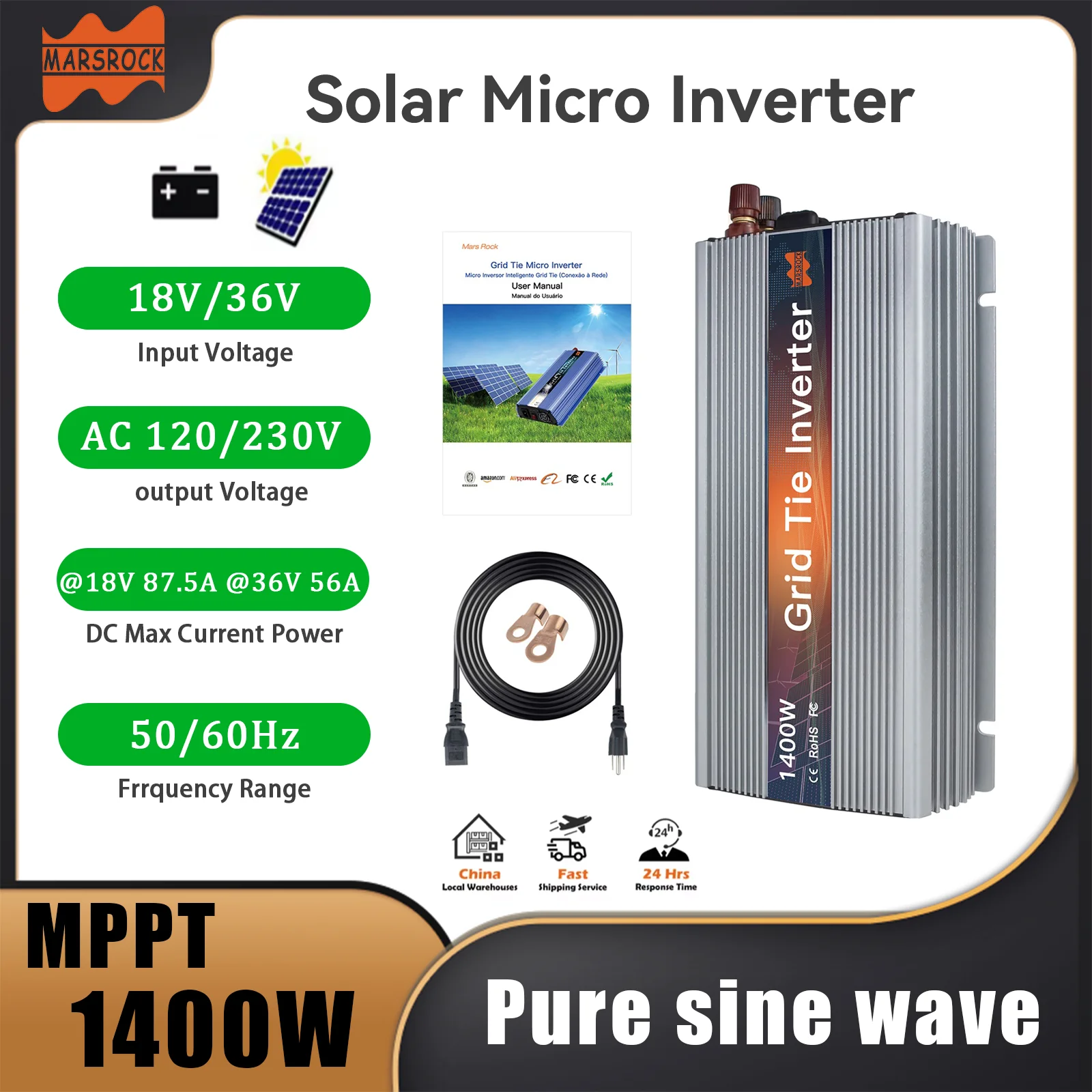 MPPT 1400W Grid Tie Micro Solar Inverter DC 18V 36V to AC 120V 230V Pure Sine Wave Micro Converter for Solar Panel Home System
