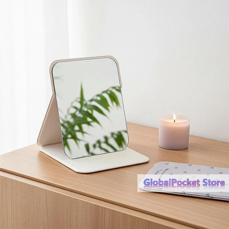 Desktop Makeup Mirror Solid Color PU Leather Simple Portable Handheld Makeup Mirror Foldable Student Compact Cute Pocket Mirror